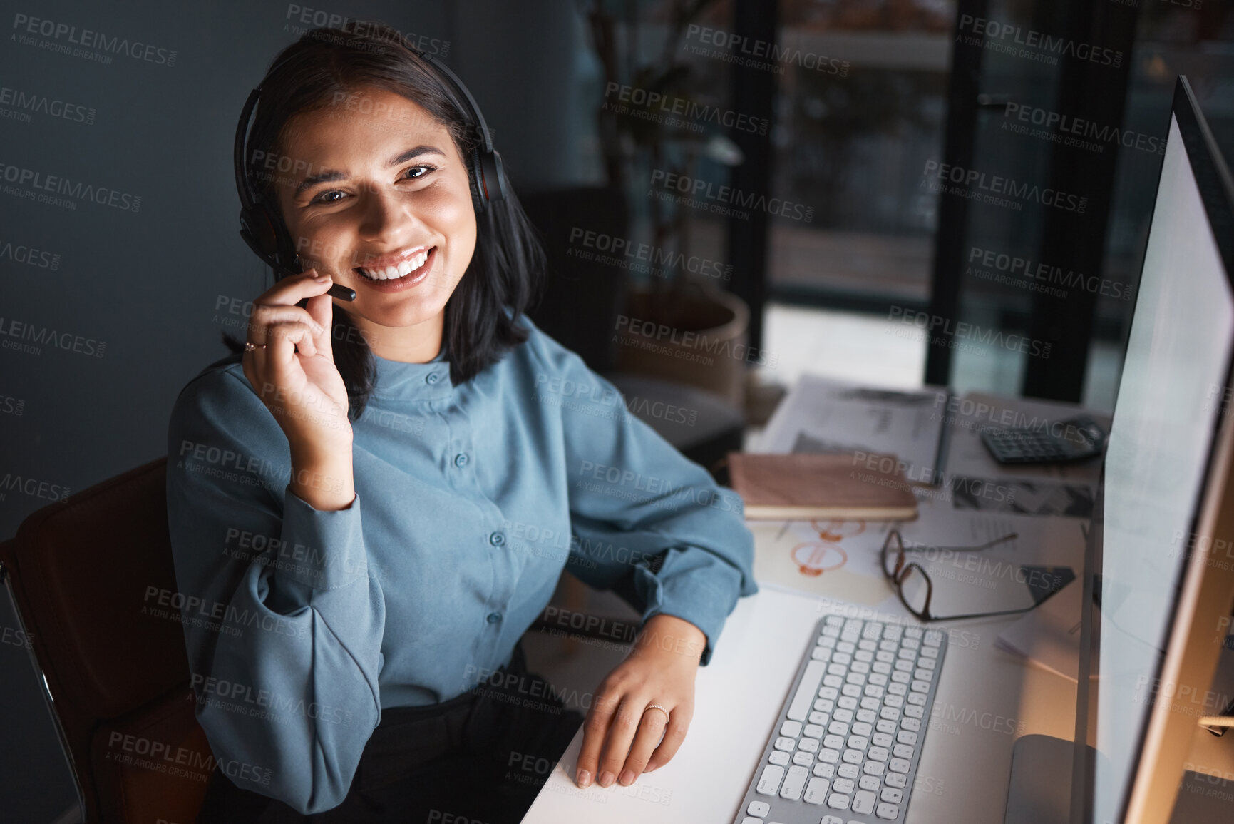 Buy stock photo Call center portrait, happy CRM or woman customer service with smile for success consulting, communication or networking. Employee, consultant or sales advisor for motivation, support or contact us