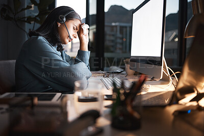 Buy stock photo Headache, call center and business woman in night office for global telemarketing, customer support and software consultant job. burnout, depression and tired virtual, financial and insurance advisor