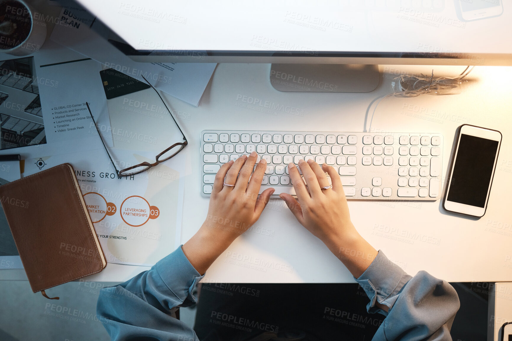 Buy stock photo Computer, keyboard and typing with top view of woman and mockup on screen for research, planning and growth analytics. Technology, innovation and future with hands of employee at desk for management 