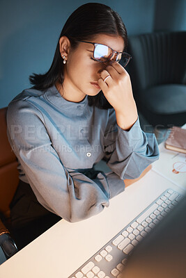 Buy stock photo Stress, anxiety and burnout with a business woman at work on a computer at a desk in her office from above. Compliance, mental health and headache with a female employee struggling to make a deadline