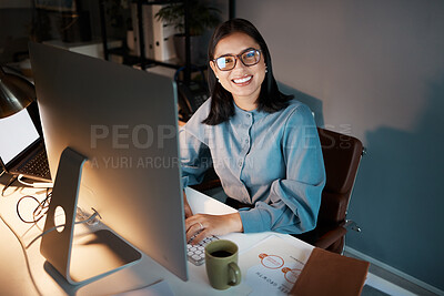 Buy stock photo Cyber, hacker or business woman with computer for futuristic cybersecurity, research or blockchain tech at night. Happy IT girl, data analysis or crypto investment for stock market or bitcoin