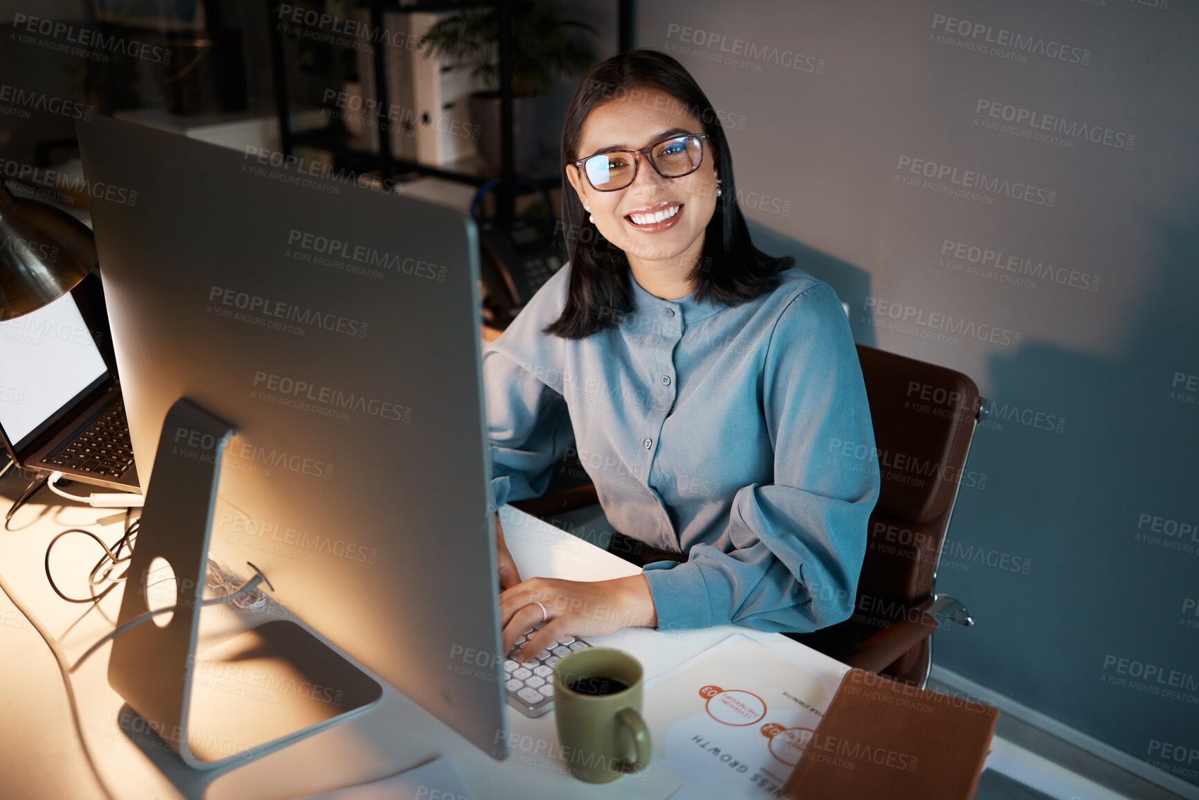 Buy stock photo Cyber, hacker or business woman with computer for futuristic cybersecurity, research or blockchain tech at night. Happy IT girl, data analysis or crypto investment for stock market or bitcoin