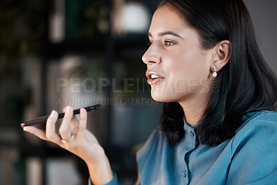 Buy stock photo Phone call, voice note or memo with a business woman talking or recording a message while working. Face, thinking and communication with a female employee networking from her office at work