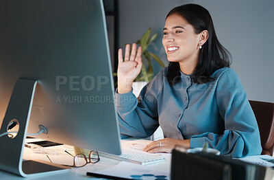 Buy stock photo Business woman, pc and wave for video conference in office or online corporate webinar. Hello, marketing employee and 5g digital collaboration and zoom company discussion with technology on computer