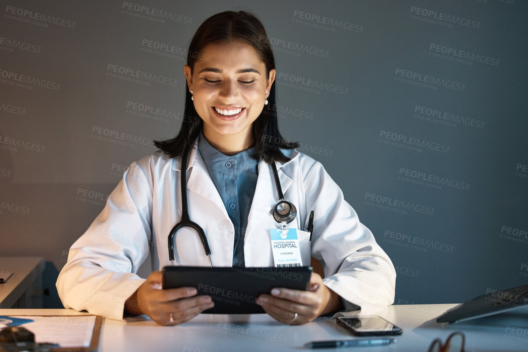 Buy stock photo Digital tablet, woman and doctor doing research for medical innovation, medicine or science. Technology, professional and healthcare worker analyzing test results on a mobile device at the clinic.