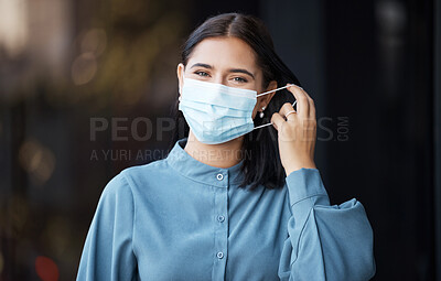 Buy stock photo Woman, covid and face mask removing for end of pandemic, freedom in healthcare safety on mockup. Portrait of female taking off protective mask in relief for corona virus ending on bokeh background