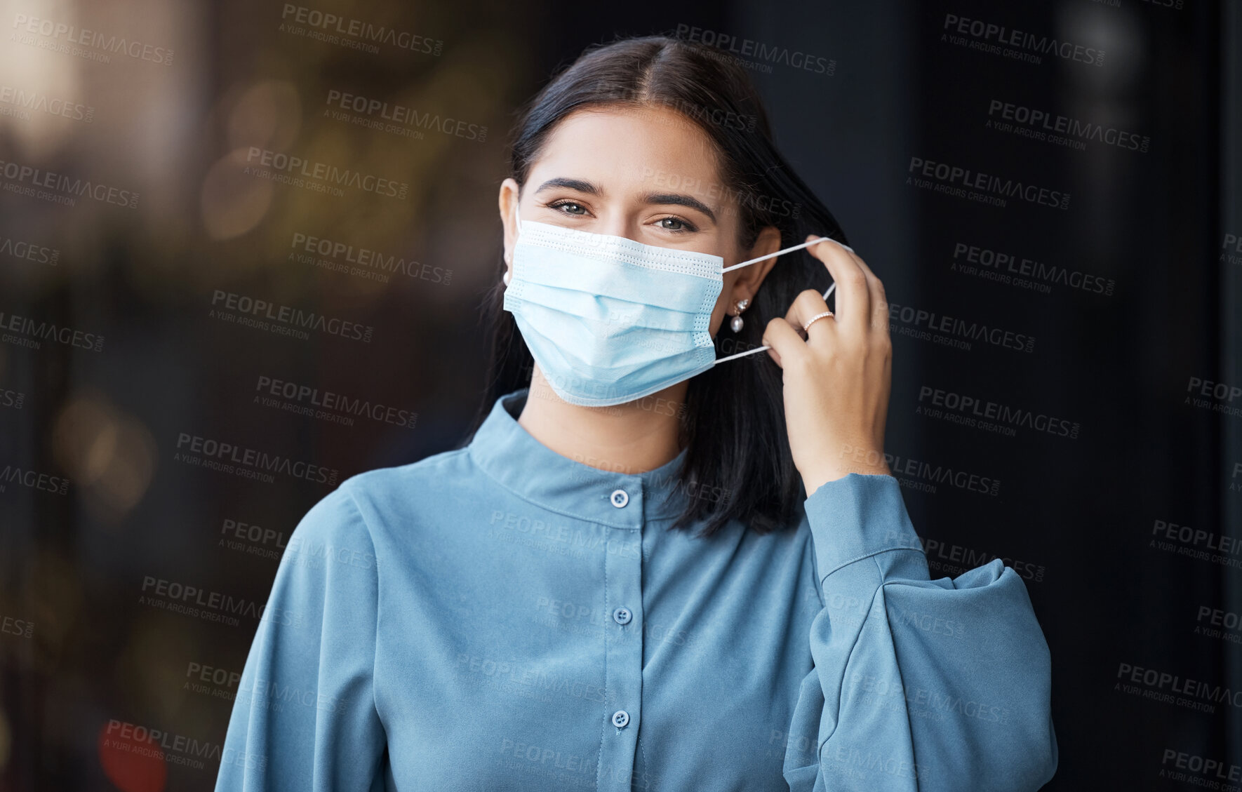 Buy stock photo Woman, covid and face mask removing for end of pandemic, freedom in healthcare safety on mockup. Portrait of female taking off protective mask in relief for corona virus ending on bokeh background