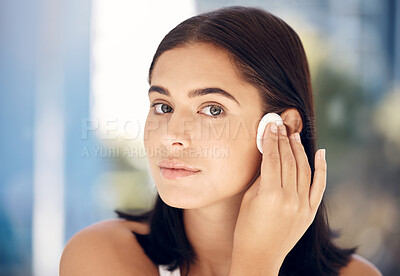 Buy stock photo Makeup, woman skincare and cotton pad face cleaning of a model doing a wellness facial. Young female portrait with cosmetics, dermatology and youth beauty wash with skin glow and health shine
