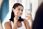 Mirror selfie, happy woman and phone, beauty and skincare in bathroom, bedroom or home. Smile young girl taking photograph in reflection, mobile and social media influencer doing morning routine vlog