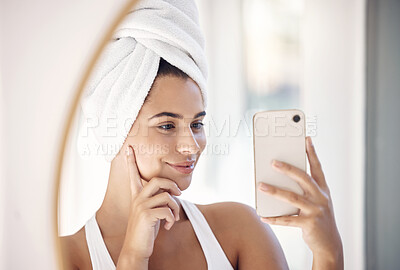 Buy stock photo Mirror selfie, skincare and woman with phone for beauty, facial cleaning and hair care in a bathroom. Social media, self care and face reflection of a girl with a photo on a mobile of morning routine