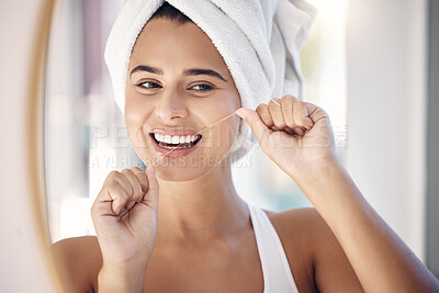 Buy stock photo Dental floss, woman and teeth in bathroom mirror for tooth wellness, healthy lifestyle and oral hygiene after morning shower. Happy female, flossing and cleaning mouth, beauty cosmetics and big smile