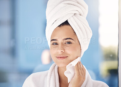 Buy stock photo Beauty, face and cleaning with facial and woman after shower in towel for hygiene and grooming in skincare portrait. Healthy skin with treatment, cosmetics and cloth for wellness and fresh glow.