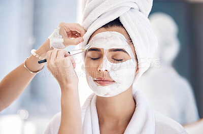 Buy stock photo Skincare, spa and woman with mask for facial care, beauty and wellness with beautician using face brush. Cosmetics, luxury treatment and girl with facial cream for body care, relaxation and detox