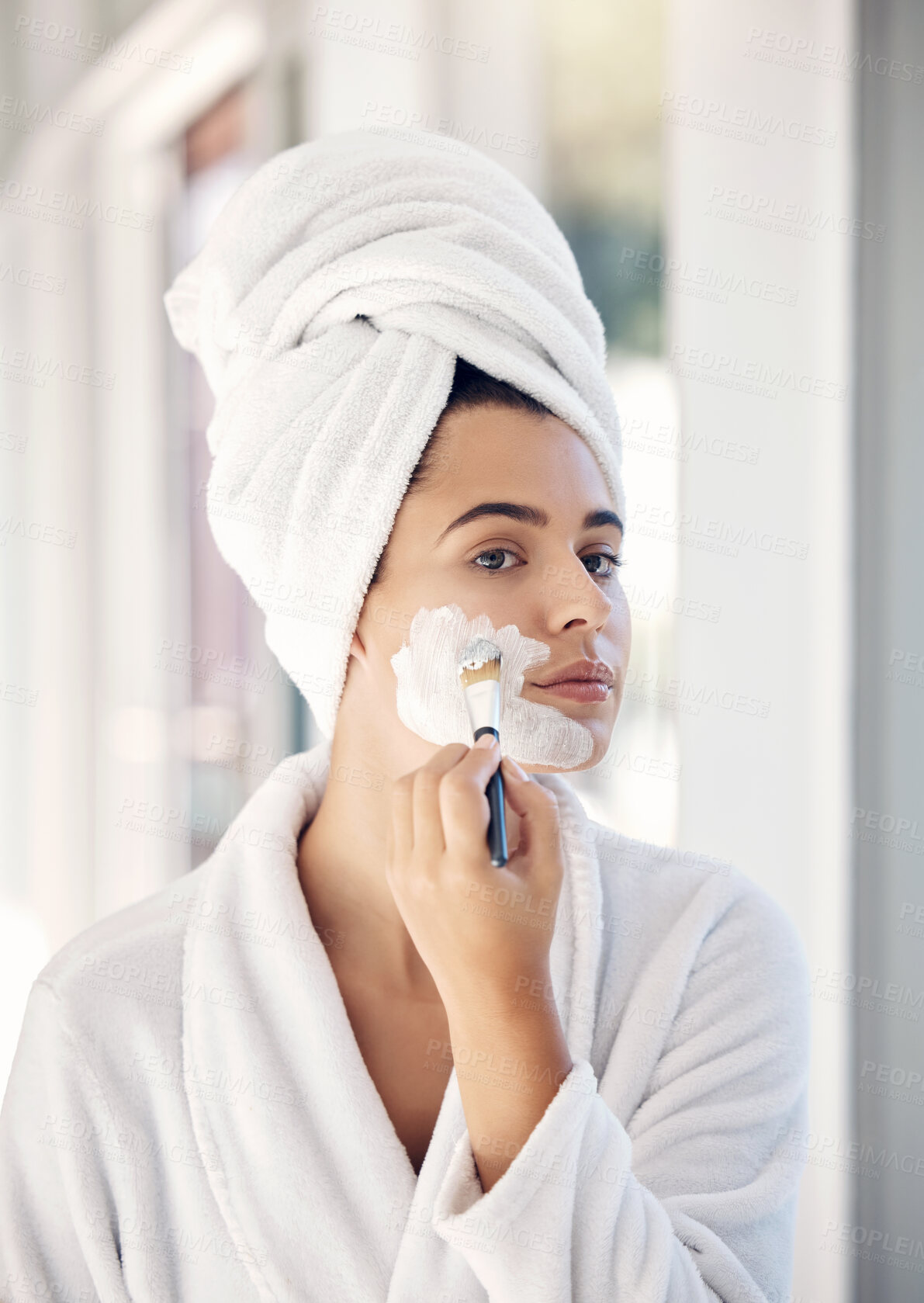 Buy stock photo Skincare, facial cream and woman with brush apply face mask for beauty treatment, morning bathroom routine or healthcare. Dermatology, spa salon and girl with luxury cosmetics product for skin glow