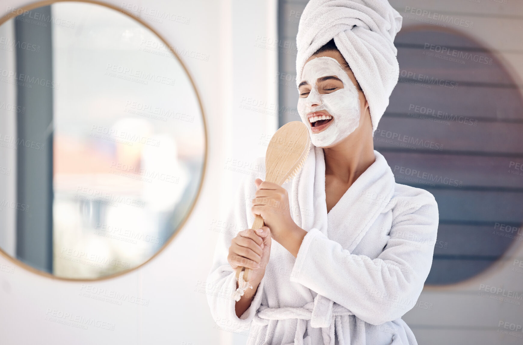 Buy stock photo Skincare, bathroom and singing woman in face mask for cosmetics, beauty and wellness happy with benefits or product results. Skin care dermatology, facial cleaning mask and fun music girl in morning