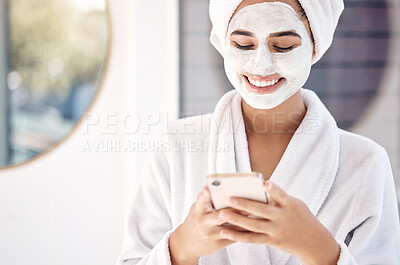 Buy stock photo Skincare, face mask and woman on smartphone for social media cosmetics review, blog post and search dermatology benefits online. Beauty, facial product and girl using phone for morning results update