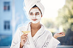 Wellness, woman and skincare mask with wine for relaxing self care, facial and beauty routine. Luxury, cosmetic and aesthetic care of girl thinking in robe with glass of alcohol in Brazil home.


