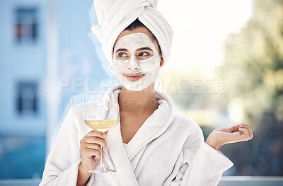 Buy stock photo Wellness, woman and skincare mask with wine for relaxing self care, facial and beauty routine. Luxury, cosmetic and aesthetic care of girl thinking in robe with glass of alcohol in Brazil home.


