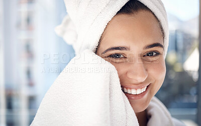 Buy stock photo Face, shower and hygiene with a woman in the bathroom of her home for cleaning, wellness or skincare. Portrait, smile and towel with a happy female drying her skin after washing or facial cleansing