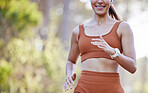 Fitness, nature and body of woman running for cardio health, wellness and sports performance exercise in park mockup. Listening to music, freedom peace and runner girl training for marathon mock up  