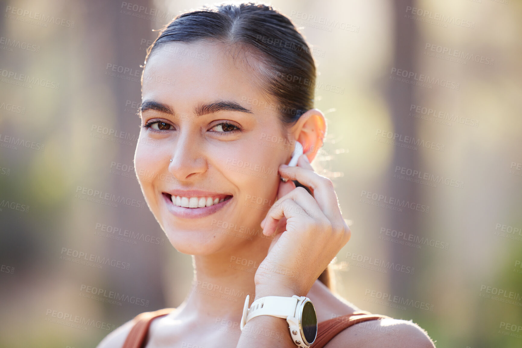 Buy stock photo Fitness, woman and portrait smile for EarPods, music listening or wireless technology during running exercise. Active happy female smiling with teeth for earphones, healthy cardio and audio streaming