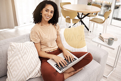 Buy stock photo Laptop, black woman and portrait on living room sofa in work from home office for planning, internet research or technology. Freelancer, blogger and lady typing email on computer in apartment lounge 