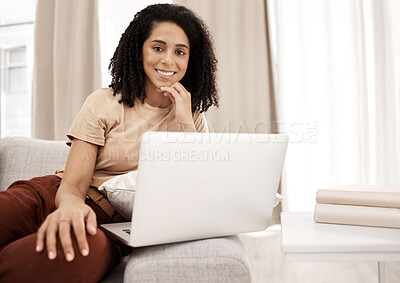 Buy stock photo Laptop, woman and portrait on social media, smile and happy with online app, web and online banking in home. Movie subscription, remote work and female on sofa in the lounge, happiness and couch
