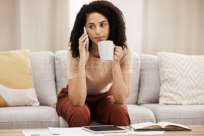 Buy stock photo Coffee and business woman with phone call in home sofa for communication, networking or SEO conversation. Notebook, tablet or girl working remote with mobile planning, speaking or talking in house