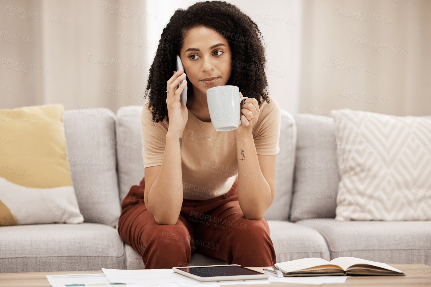 Buy stock photo Coffee and business woman with phone call in home sofa for communication, networking or SEO conversation. Notebook, tablet or girl working remote with mobile planning, speaking or talking in house