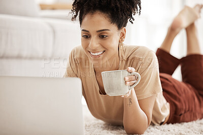 Buy stock photo Black woman, coffee and home computer of a person watching a video or writing a remote work email. Digital employee in the morning on a laptop online shopping or streaming series on a house carpet