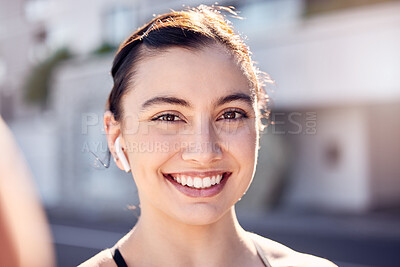 Buy stock photo Fitness, exercise and selfie with a woman listening to music for running, workout and cardio training outdoor in a city. Portrait, face and smile of female happy for social media inspiration