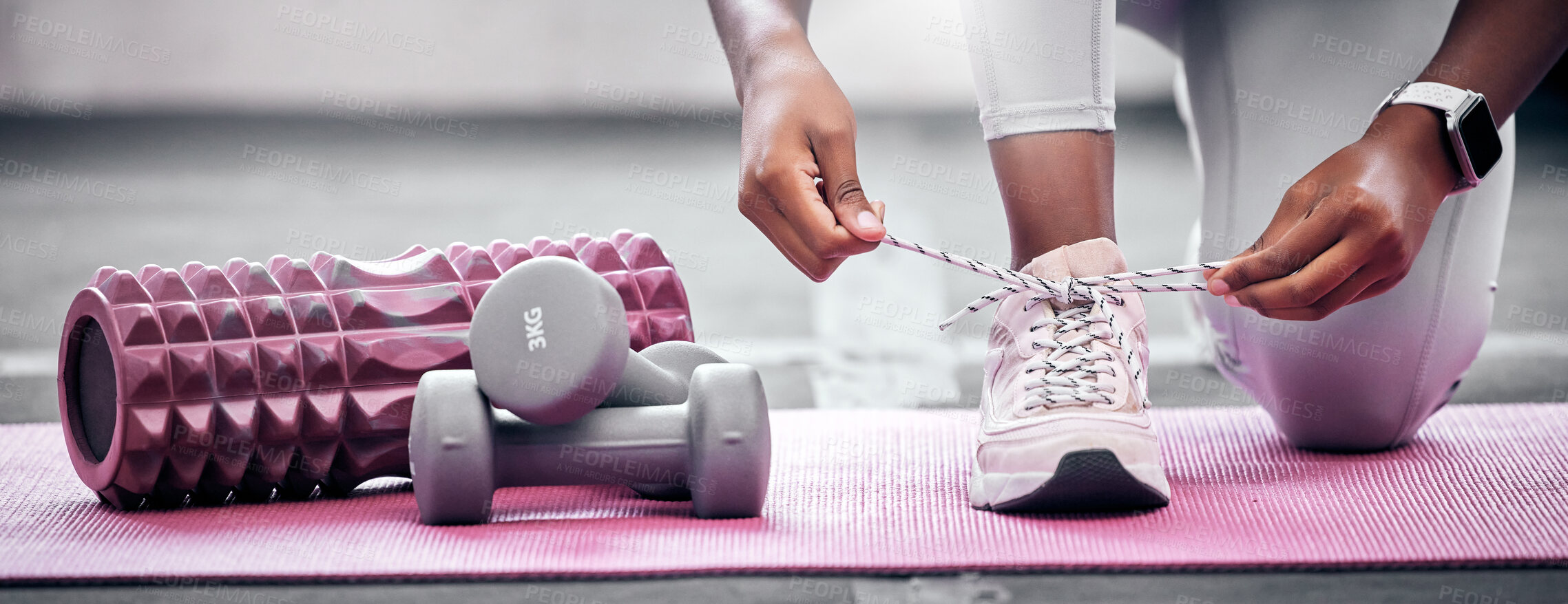 Buy stock photo Fitness, weights and woman tying shoes before workout in gym for health, wellness and strength. Sports, training and closeup of athlete with laces to tie while preparing to exercise in a sport center