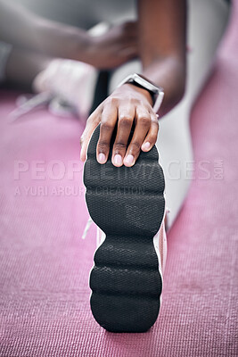 Buy stock photo Wellness, hand or black woman stretching leg in gym for health workout, sports fitness or cardio exercise. Zoom, closeup or athlete girl shoes for warm up, running training or marathon motivation

