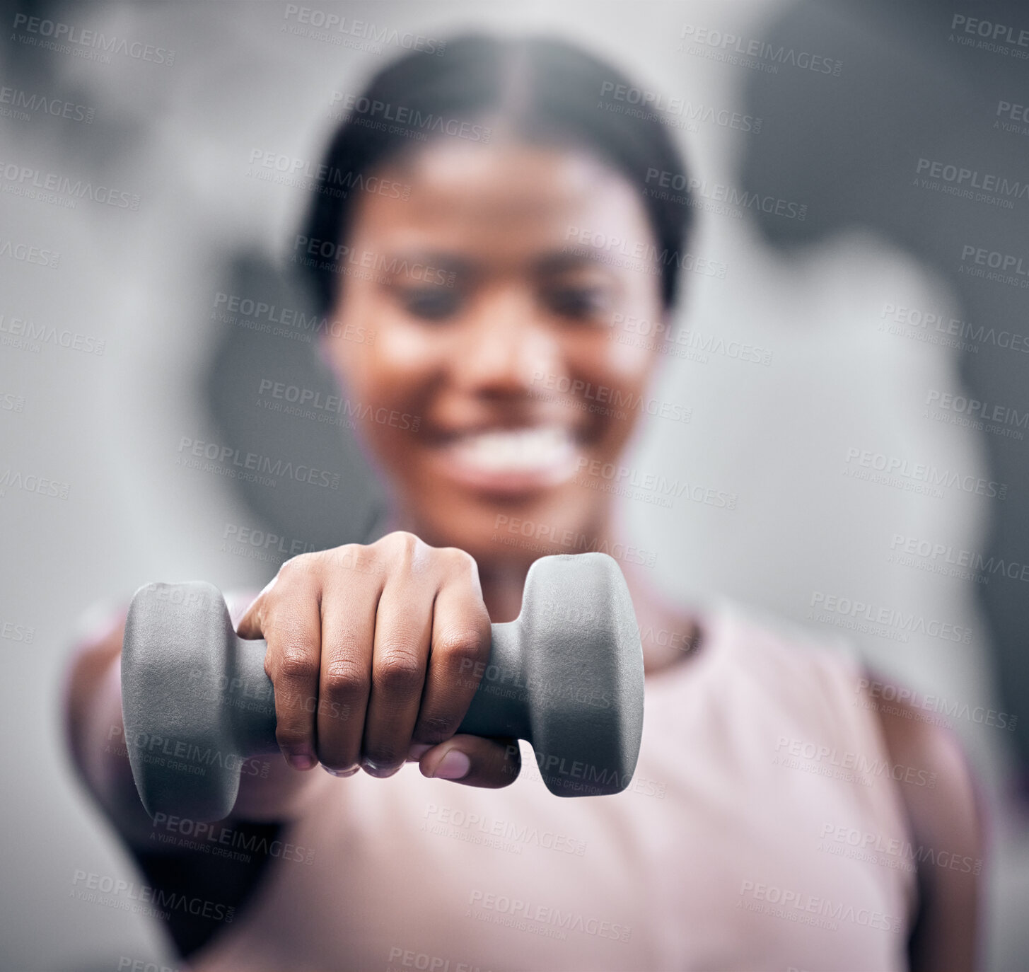 Buy stock photo Weights, fitness and black woman training at gym, body motivation and muscle exercise. Sports hand, weightlifting and portrait of an African athlete with health workout, power and strong cardio