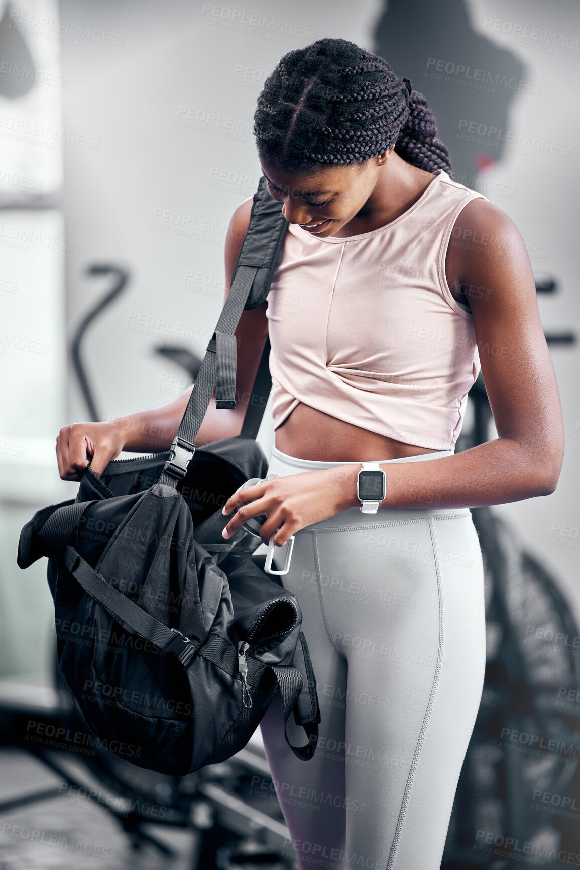 Buy stock photo Black woman, water bottle or fitness bag in gym workout break, cardio training or heart health exercise for strong body muscles. Happy smile, personal trainer or sports athlete coach and energy drink