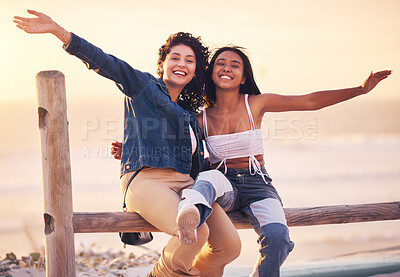 Buy stock photo Beach, sunset and portrait of girl friends on outdoor adventure for bonding, peace and sea freedom. Happy, smile and nature women on summer vacation, travel journey or holiday to Miami Florida ocean