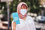 Portrait of muslim woman, covid and a vaccine promotion for pandemic safety, covid 19 information and face mask with islam hijab. Corona virus compliance, healthcare support and health wellness info 