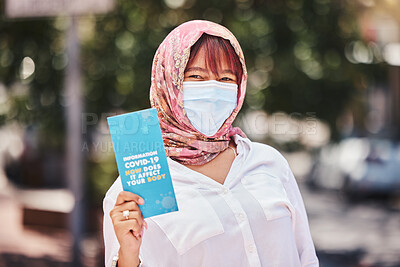 Buy stock photo Portrait of muslim woman, covid and a vaccine promotion for pandemic safety, covid 19 information and face mask with islam hijab. Corona virus compliance, healthcare support and health wellness info 