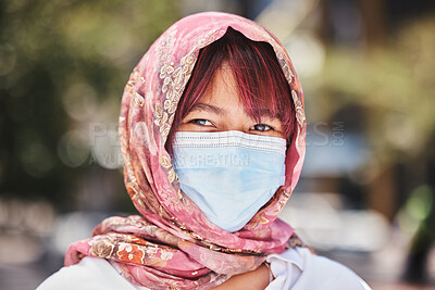 Buy stock photo Muslim, covid and woman in face mask for compliance or safety in a city in Turkey after a medical coronavirus vaccine. Hijab, portrait and Islamic girl standing outdoors in a pandemic with protection