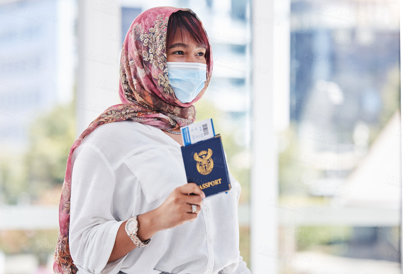 Buy stock photo Travel, immigration and refugee woman with passport, mask and hijab at customs with ticket. Covid restrictions, global healthcare in pandemic and muslim woman with documents before flight in Iran.