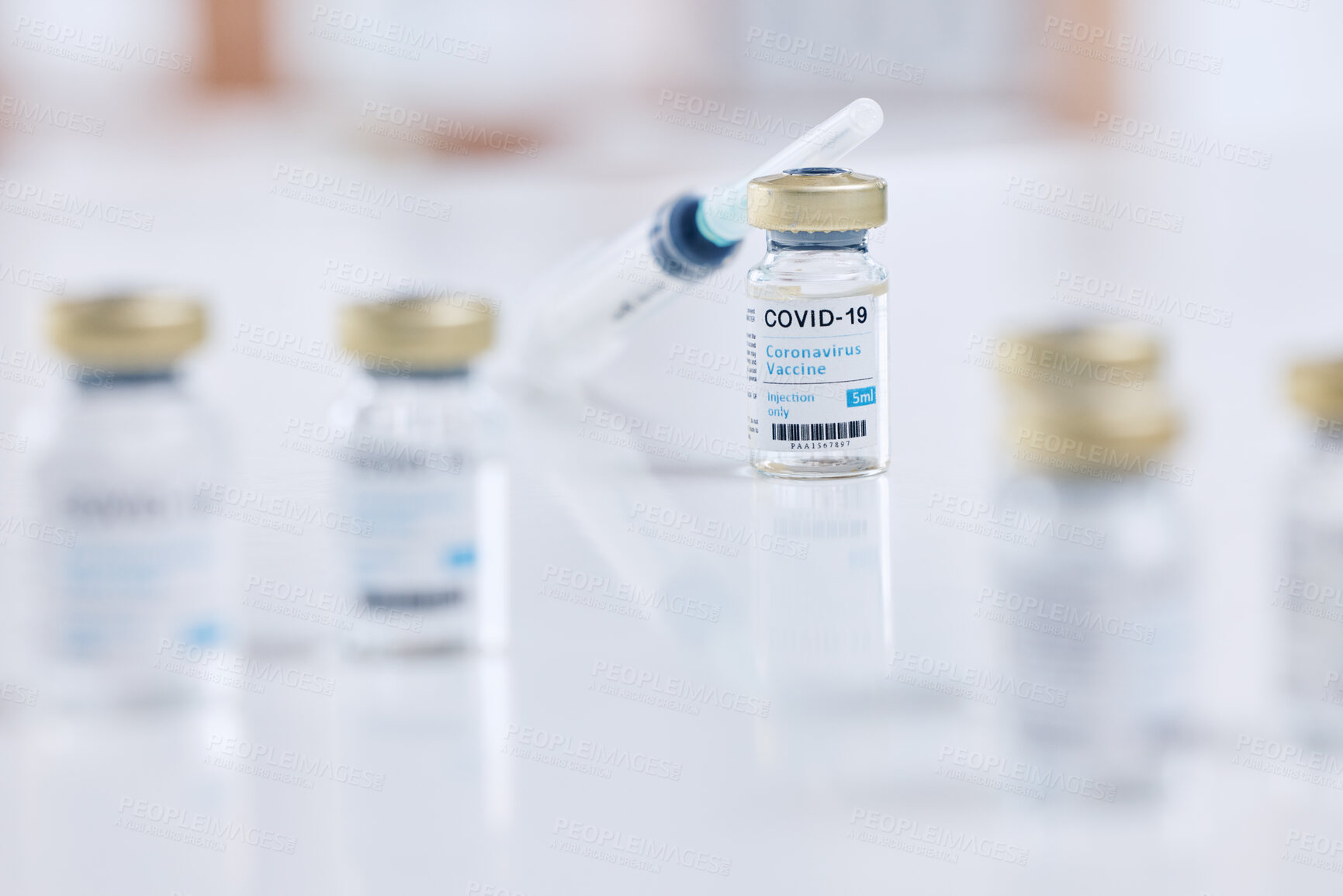 Buy stock photo Background, covid vaccine and injection, vial bottle and medicine for innovation and research with science product in hospital lab. Needle, corona virus safety in healthcare development for clinic