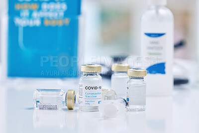 Buy stock photo Covid, vaccine and health with medicine and healthcare, safety from Covid 19 disease and medication for virus. Health care innovation, liquid and bottle with vaccination and immunization from corona.