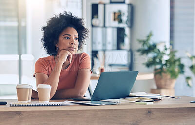 Buy stock photo Thinking, laptop or black woman planning marketing, advertising or company KPI growth in office. Employee, tech or business woman for small business, startup or remote work for creative strategy 