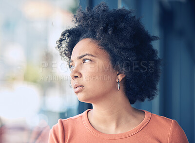Buy stock photo Mental health, window and sad girl thinking about life problem, crisis or bad news while leaning on glass. Fail, mistake and depressed black woman with anxiety, depression and stress about bad news