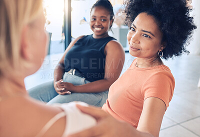 Buy stock photo Empathy, support and counseling with people in therapy meeting for psychology, depression and community. Mental health, healing and difficult with friends in workshop session for advice and help