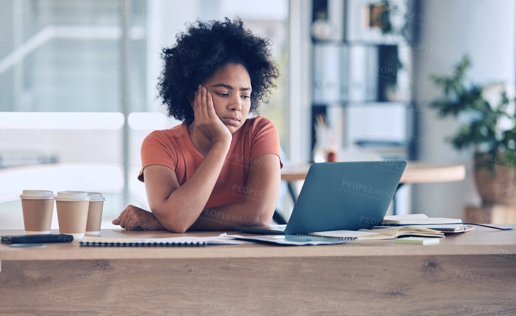 Buy stock photo Stress, laptop and black woman frustrated, burnout  and tired or bored, search internet and upset. Young female, girl and computer glitch with anxiety, problems and overworked with deadlines.