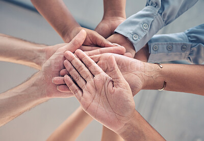 Buy stock photo Teamwork, support and stack of business people hands working together in corporate office. Community, trust and close up of hand of workers in circle for collaboration, motivation and team building
