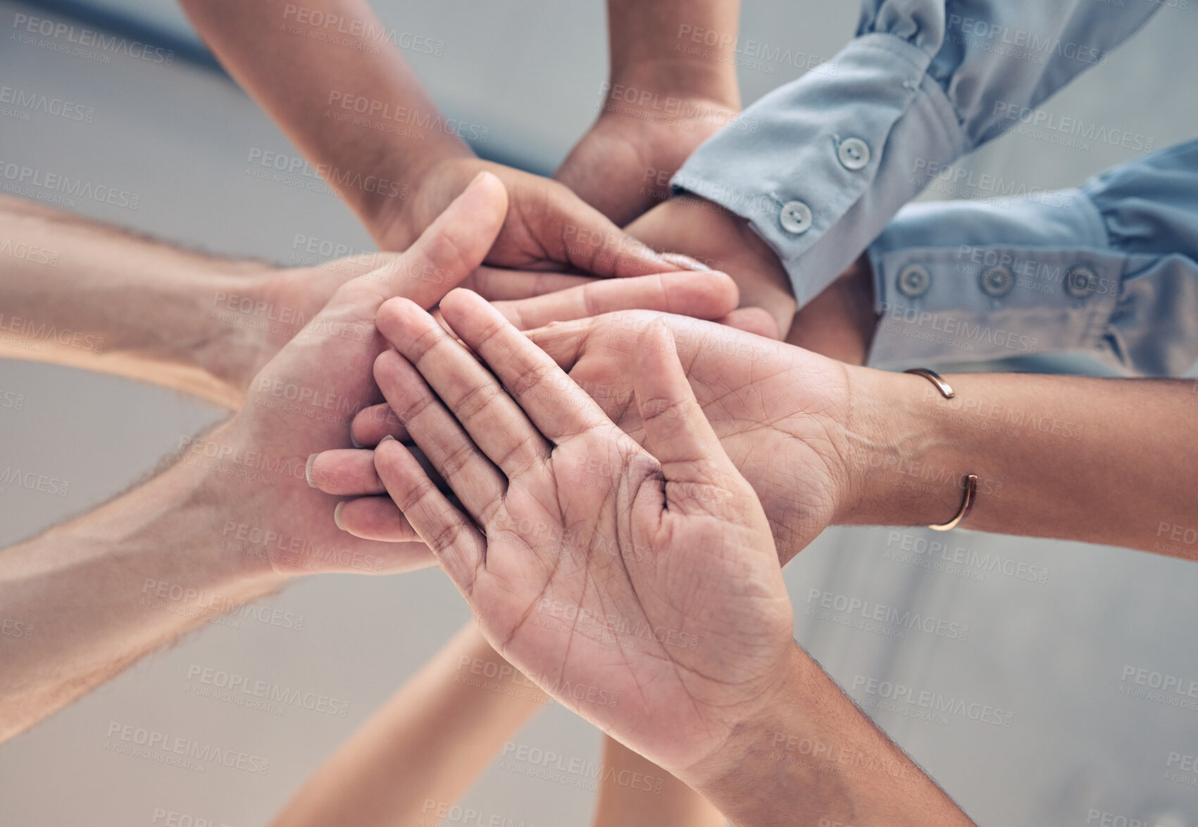 Buy stock photo Teamwork, support and stack of business people hands working together in corporate office. Community, trust and close up of hand of workers in circle for collaboration, motivation and team building