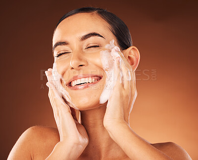 Buy stock photo Skincare, hands and foam on face for cleaning with smile, happiness and spa wellness. Facial wash, luxury cosmetics therapy and self care with soap for beauty, dermatology grooming and cosmetology