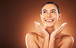 Skincare, beauty and woman with soap in studio on brown background for luxury spa, wellness and facial cleanse. Cleaning, cosmetics and girl with lotion, foam and cream on hands for face or body care